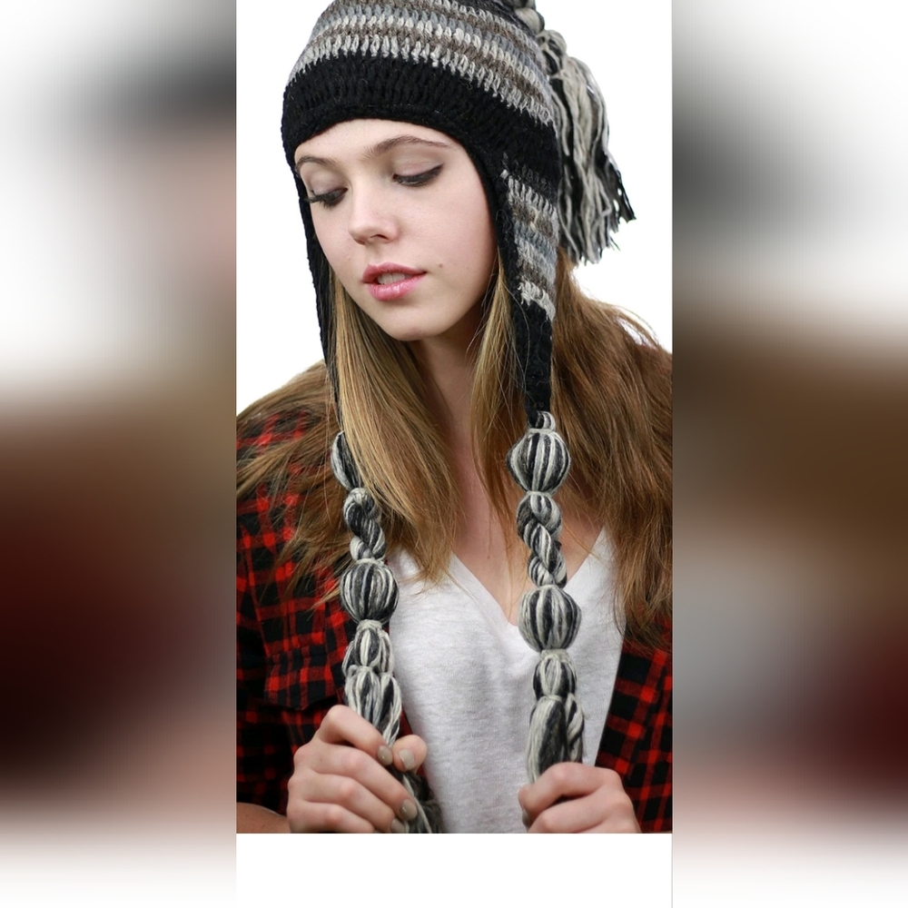 Cozy Black and Gray Knit Earflap Hat